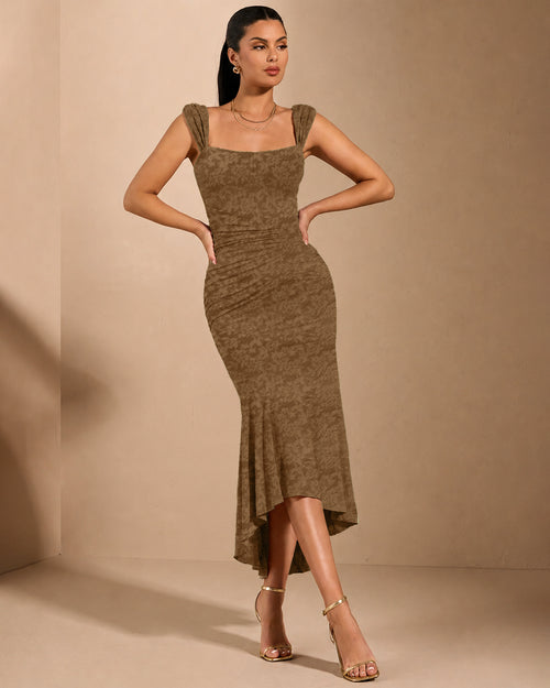 Square Neck High-Low Midi Dress in Coffee Brown