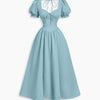Ruched Sweetheart Neck Puff Sleeve Fit and Flare Dress In Sky Blue