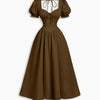 Ruched Sweetheart Neck Puff Sleeve Fit and Flare Dress In Espresso Brown