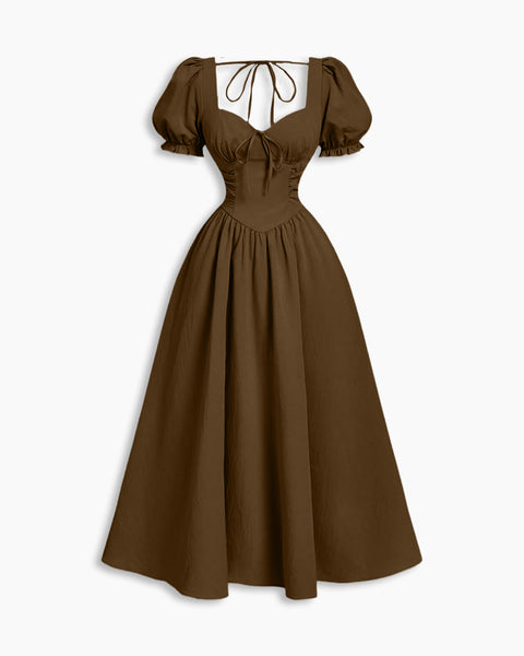 Ruched Sweetheart Neck Puff Sleeve Fit and Flare Dress In Espresso Brown