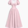 Ruched Sweetheart Neck Puff Sleeve Fit and Flare Dress In Baby Pink