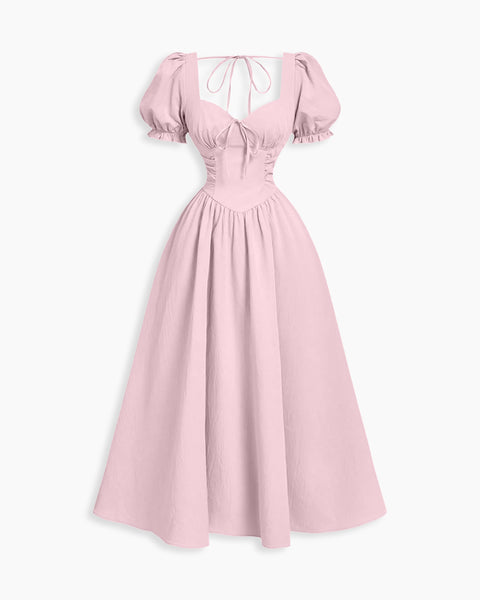 Ruched Sweetheart Neck Puff Sleeve Fit and Flare Dress In Baby Pink