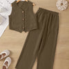 Button Front Vest Top and Straight Leg Pants Set In Chocolate Brown