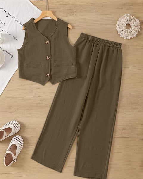 Button Front Vest Top and Straight Leg Pants Set In Chocolate Brown