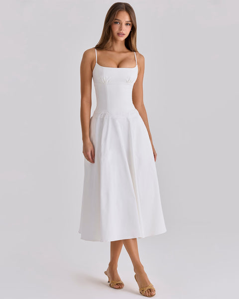 Spaghetti Strap Lace Waist Fit and Flare Midi Dress In Classic White