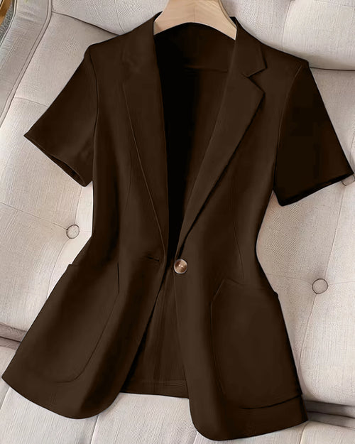 Tailored Short Sleeve Blazer Jacket in Coffee Brown