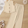 Button Front Vest Top and Straight Leg Pants Set In Warm Beige