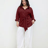 Collar Knotted Long Sleeve Shirt Curve & Plus in Maroon