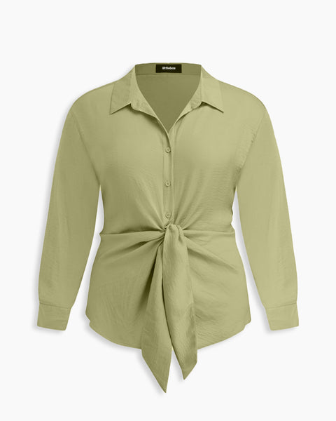 Collar Knotted Long Sleeve Shirt Curve & Plus in Herbal Green