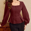 Square Neck Button-Up Peplum Top in Maroon