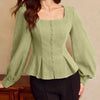 Square Neck Button-Up Peplum Top in Herbal Green