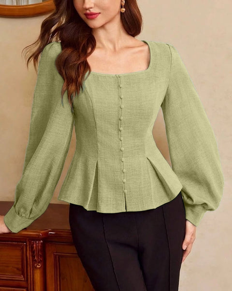 Square Neck Button-Up Peplum Top in Herbal Green