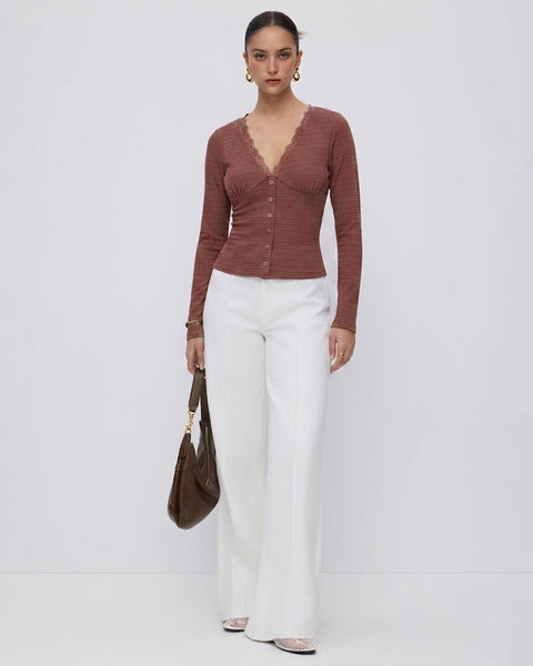 Lace Trim Textured Fitted Top in Maroon