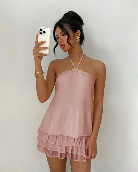 Tiered Ruffle Halter Neck Swing Mini Dress In Dusty Pink