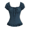 Sweetheart Neck Fitted Ruffle Hem Solid Puff Sleeves Top in Navy Blue