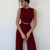 Backless Sleeveless Crop Top and Wide Leg Pants Set in Deep Maroon