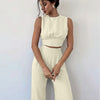 Backless Sleeveless Crop Top and Wide Leg Pants Set in Cream