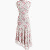 High Neck Ruched Asymmetrical Hem Floral Midi Dress in Off White