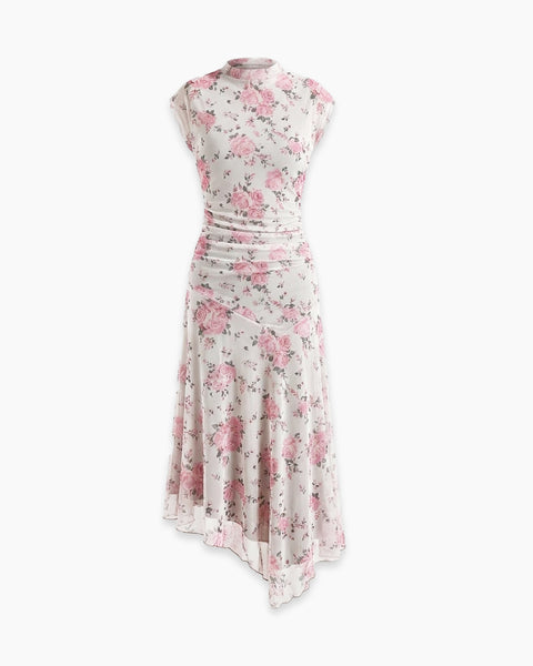 High Neck Ruched Asymmetrical Hem Floral Midi Dress in Off White