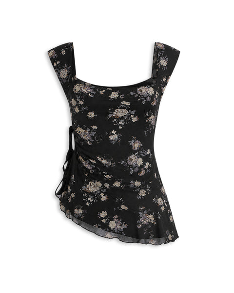 Sleeveless Square Neck Side Tie Ruffle Floral Top in Soft Black