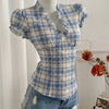 Ruffled V-Neck Curved Hem Plaid Short Puff Sleeve Top In Denim Blue