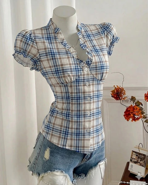 Ruffled V-Neck Curved Hem Plaid Short Puff Sleeve Top In Denim Blue
