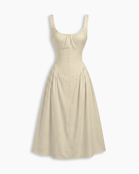 Scoop Neckline A-line Midi Dress in Cream