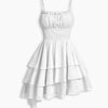Tiered Sphaghetti Strap Fit and Flare Cami Mini Dress in Off White