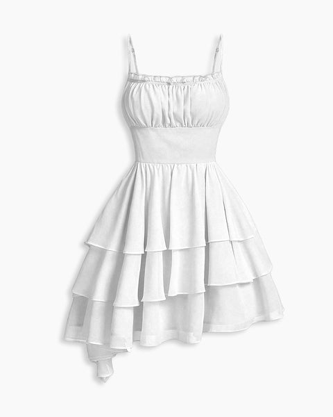 Tiered Sphaghetti Strap Fit and Flare Cami Mini Dress in Off White