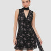 V-neck Floral Knotted Twist Mini Dress In Soft Black