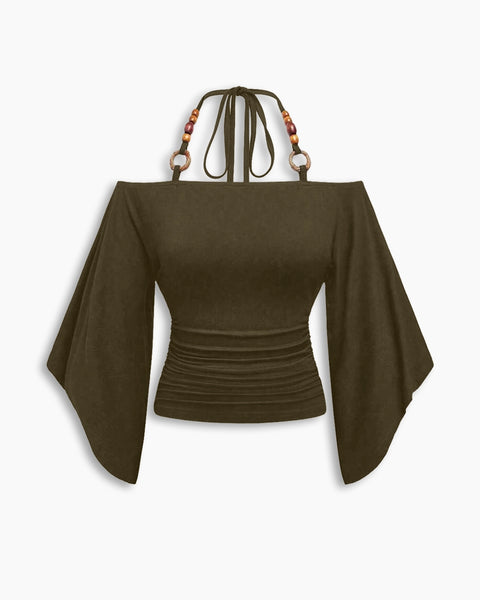 Beaded Strap Off Shoulder Ruched Top in Coffee Brown