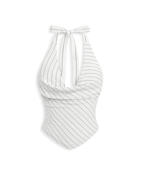 Striped Tie Halter Neck Fitted Top in White