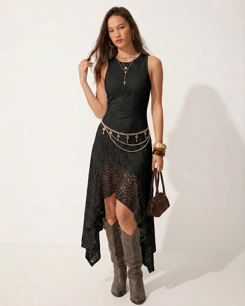 Asymmetrical Hem Sleeveless Midi Dress In Classic Black