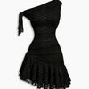 Ruffle Hem Asymmetrical Neck Mini Dress in Classic Black