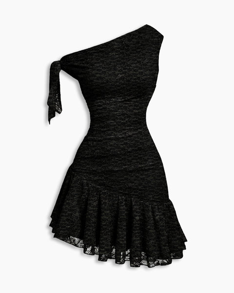 Ruffle Hem Asymmetrical Neck Mini Dress in Classic Black
