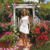 Ruffle Hem Asymmetrical Neck Mini Dress in White