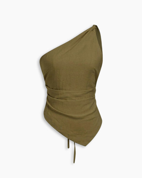 One Shoulder Asymmetrical Hem Solid Top In Olive Green