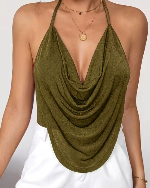 Backless Halter Cowl Neck Top in Olive Green