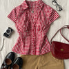 Ruffle Trim Collar Neck Shirt Top in Classic Red and Classic White