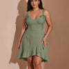 V Neck Tie Strap Ruffle Hem Mini Dress Curve & Plus In Herbal Green