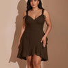 V Neck Tie Strap Ruffle Hem Mini Dress  Curve & Plus In Chocolate Brown