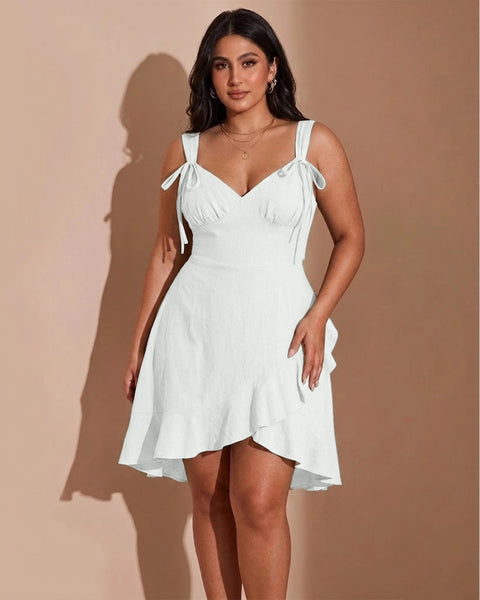 V Neck Tie Strap Ruffle Hem Mini Dress In Off White
