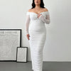 Off Shoulder Mesh Ruched Fitted Dress With Long Sleeve Curve & Plus in Classic White