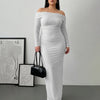 Off Shoulder Mesh Ruched Fitted Dress With Long Sleeve Curve & Plus in Classic White