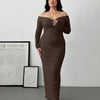 Off Shoulder Mesh Ruched Fitted Dress With Long Sleeve in Cocoa Brown