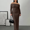 Off Shoulder Mesh Ruched Fitted Dress With Long Sleeve in Cocoa Brown
