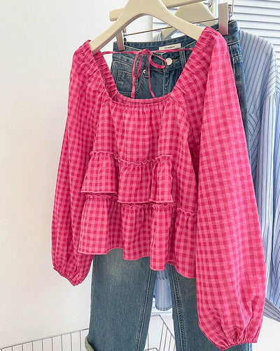 Full Sleeve Tiered Flare Top in Hot Pink