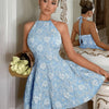 Halter Neck Fit and Flare Jacquard Dress in Baby Blue