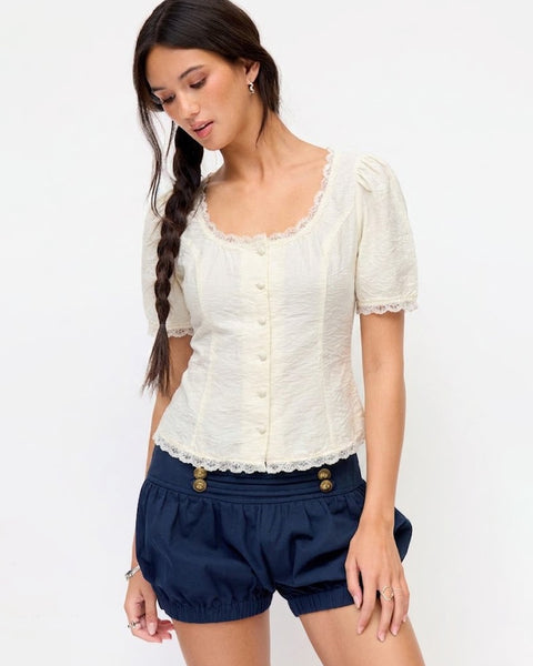 Lace Trim Short Sleeve Top in Cream