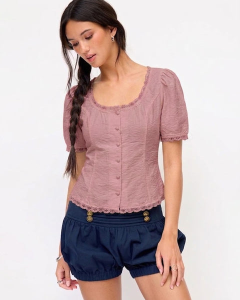 Lace Trim Short Sleeve Top in Dusty Pink